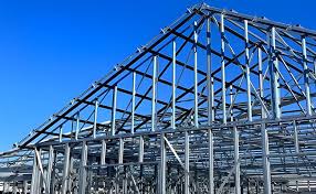 Structural steel framework at construction site